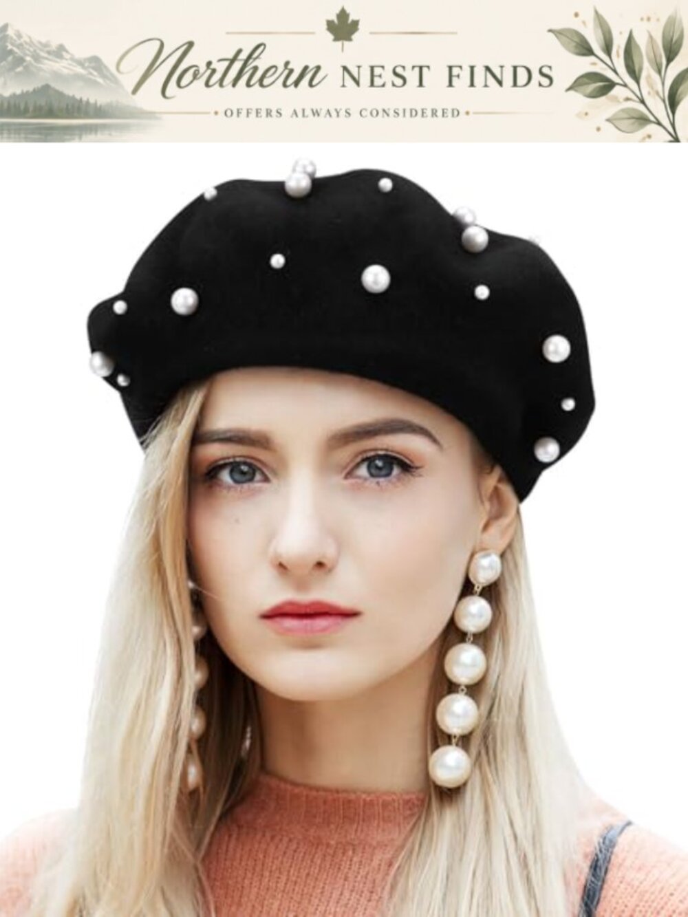 Cashmere Beret with Pearl Embellishments Beaded Rivet Winter Hat